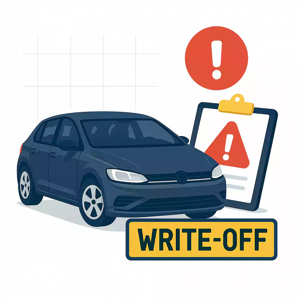 Illustration of a dark blue hatchback car marked with a yellow WRITE-OFF plate, shown alongside a red warning exclamation icon.