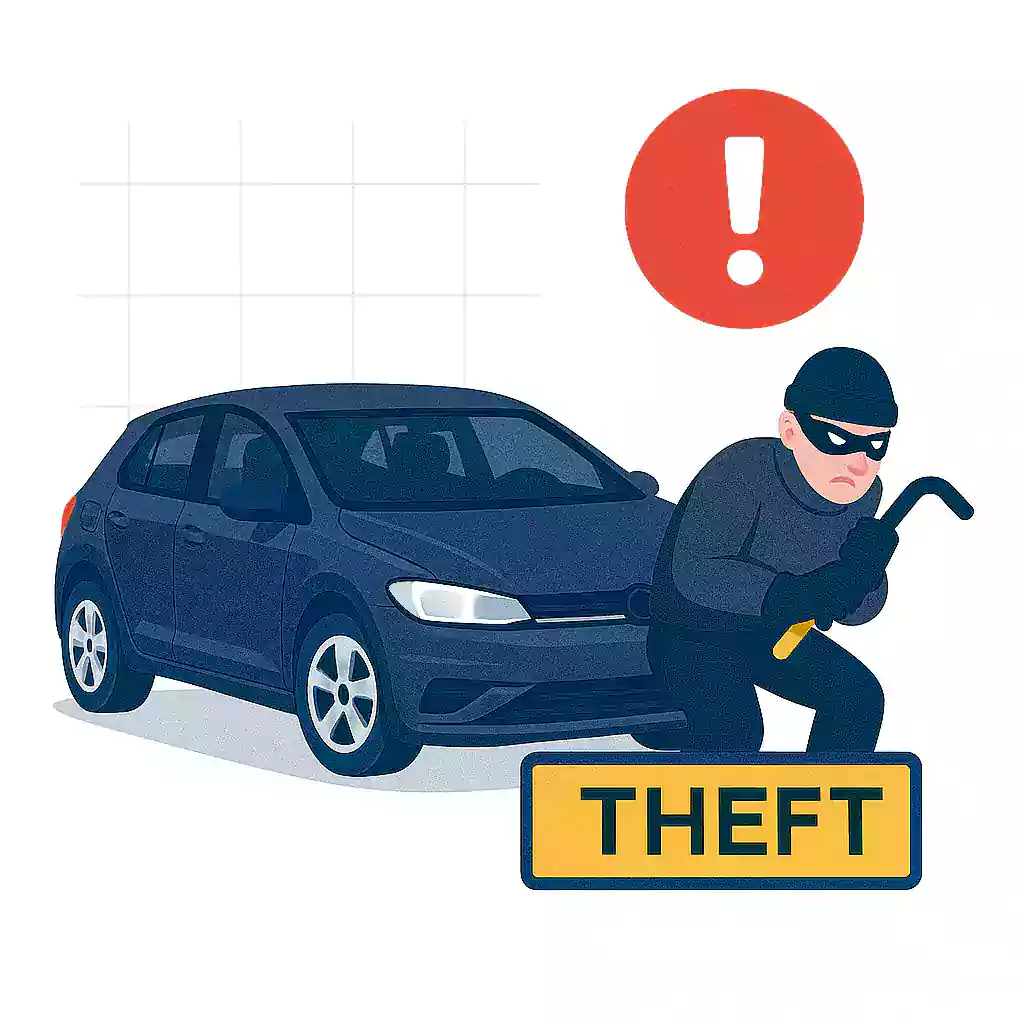 Illustration of a masked thief with a crowbar next to a dark blue hatchback car and a yellow license plate reading THEFT, with a red warning icon above